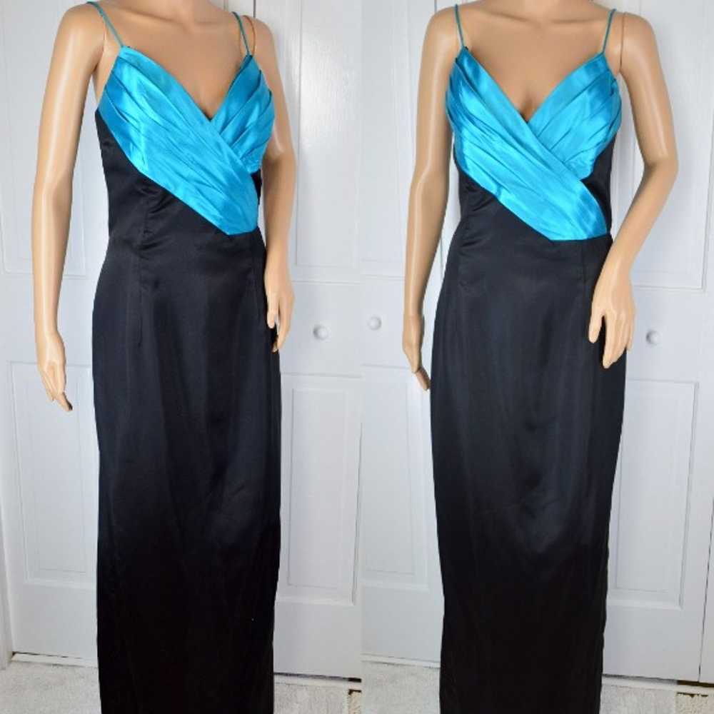 VTG Roberta Black Turquoise Color Block Plunging … - image 2