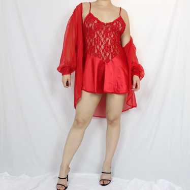 Vintage Me•2 Red Satin Negligee + Robe