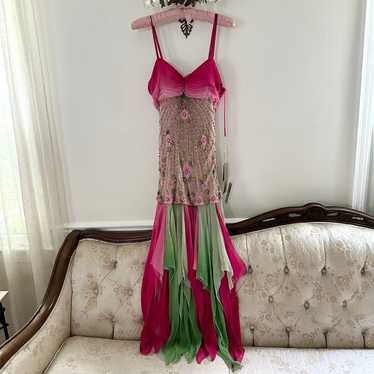 Vintage 90s Pink and Green Silk Designer Fairy Go… - image 1