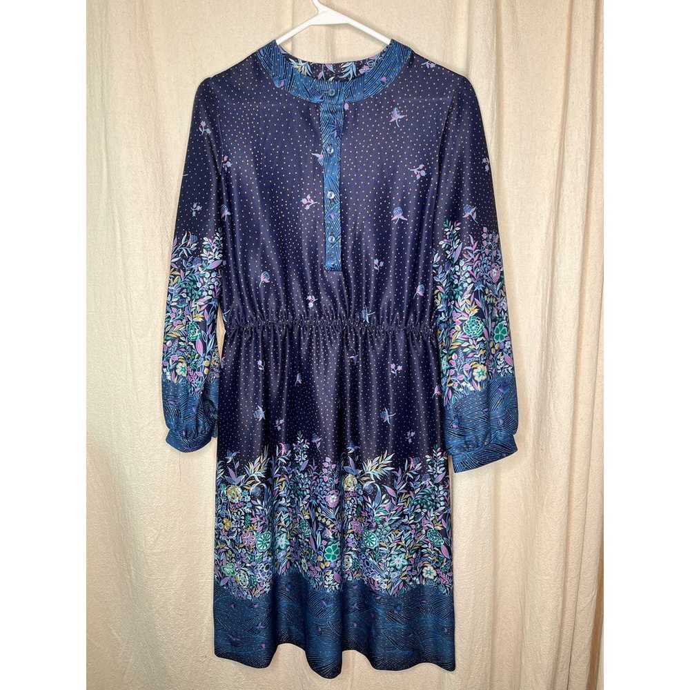 Vintage 1970s Navy Blue Purple Gold Floral Hostes… - image 1