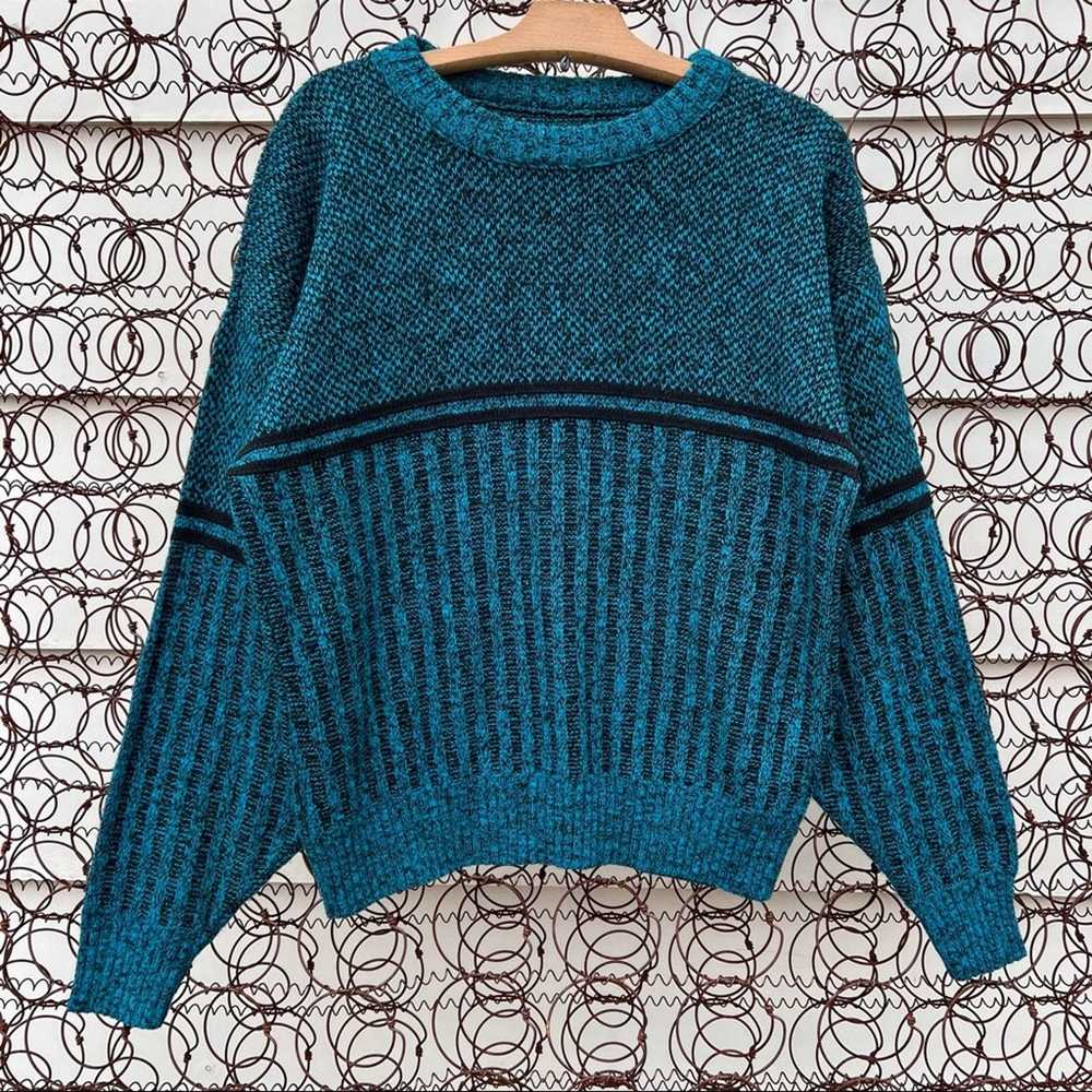 Vintage Vintage 80s teal knit crewneck sweater IL… - image 1