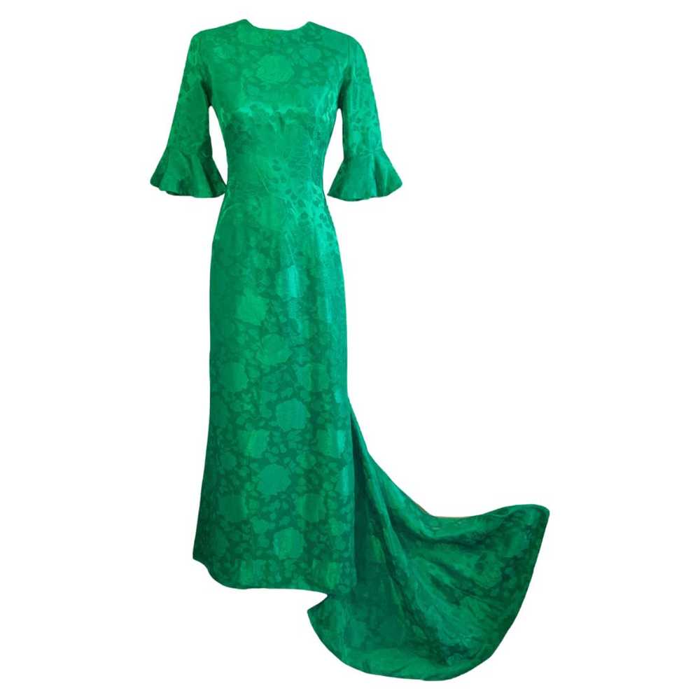 60s Bell Sleeve Floral Emerald Green Gown - image 1