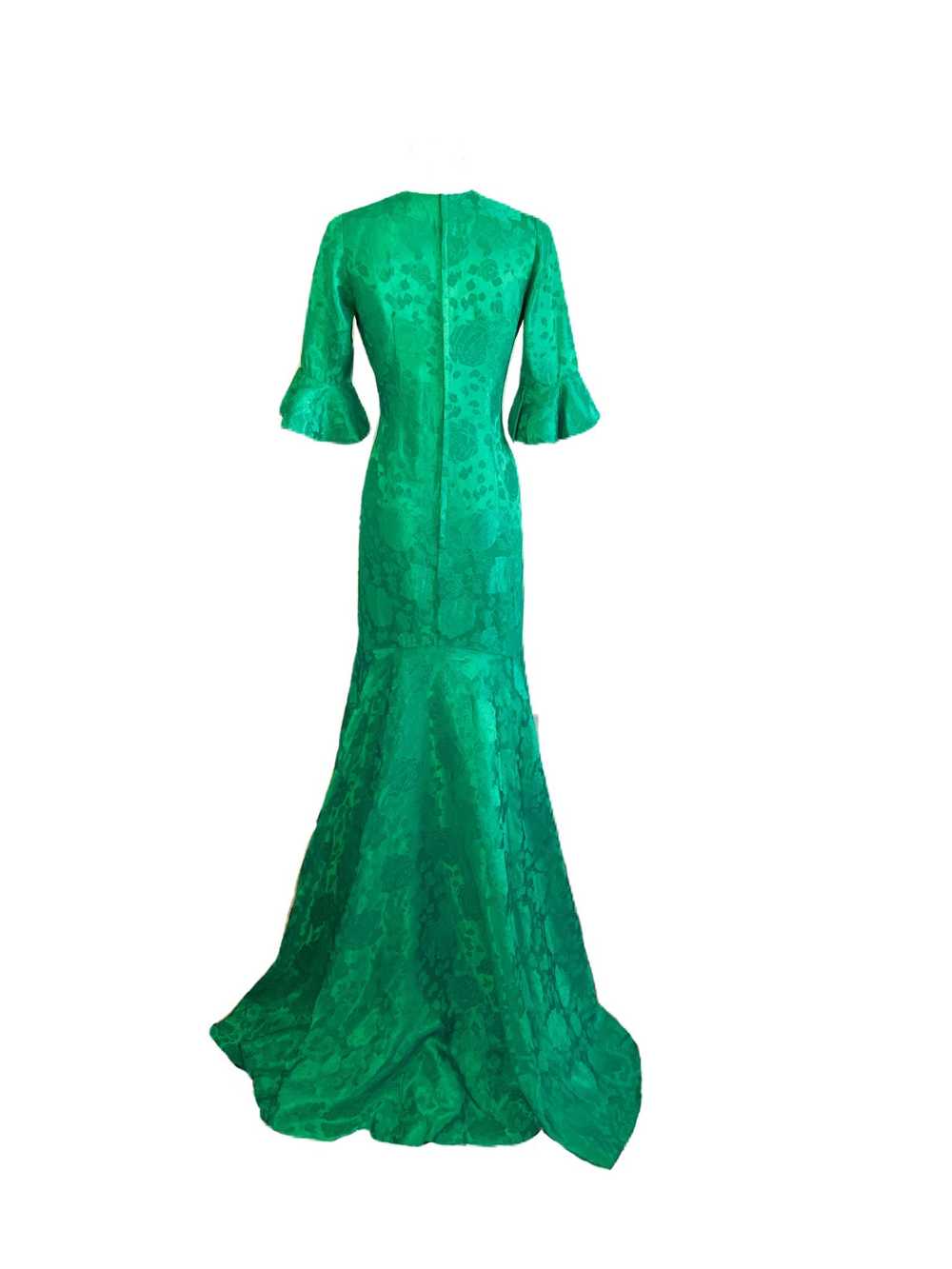 60s Bell Sleeve Floral Emerald Green Gown - image 2