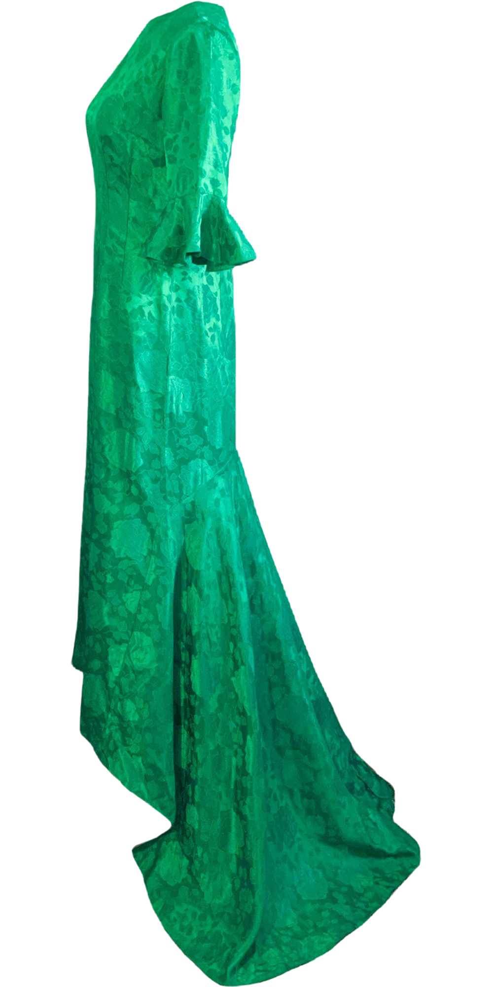 60s Bell Sleeve Floral Emerald Green Gown - image 3