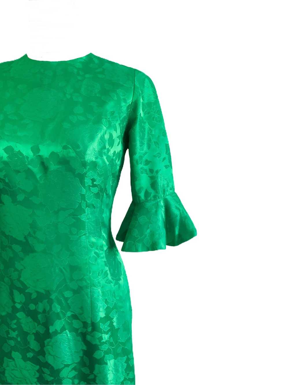 60s Bell Sleeve Floral Emerald Green Gown - image 4