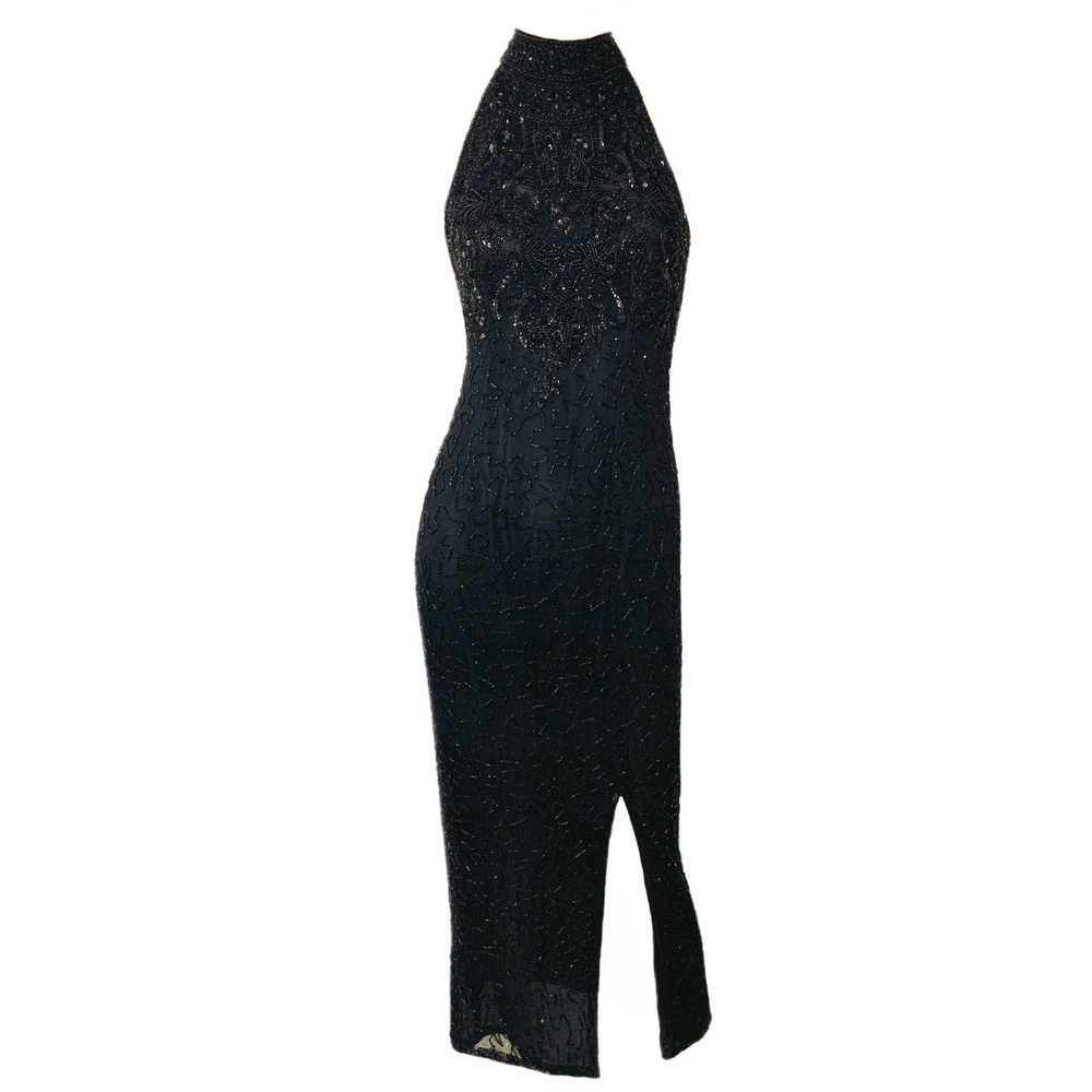 90’s Beaded Sequined Black Halter Silk Dress Even… - image 1