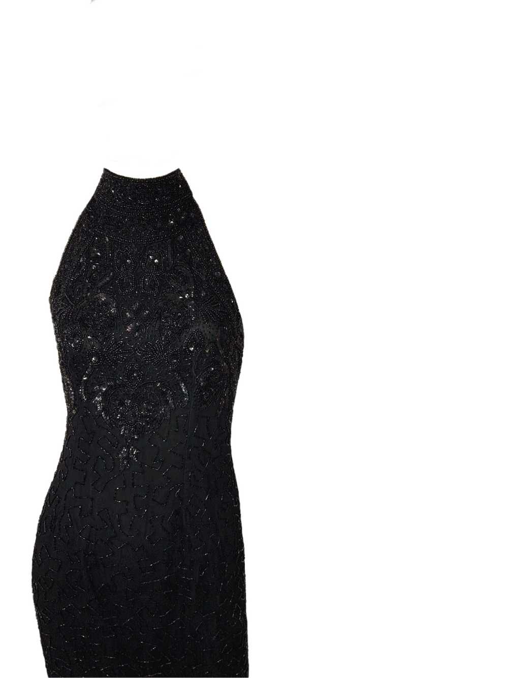 90’s Beaded Sequined Black Halter Silk Dress Even… - image 2