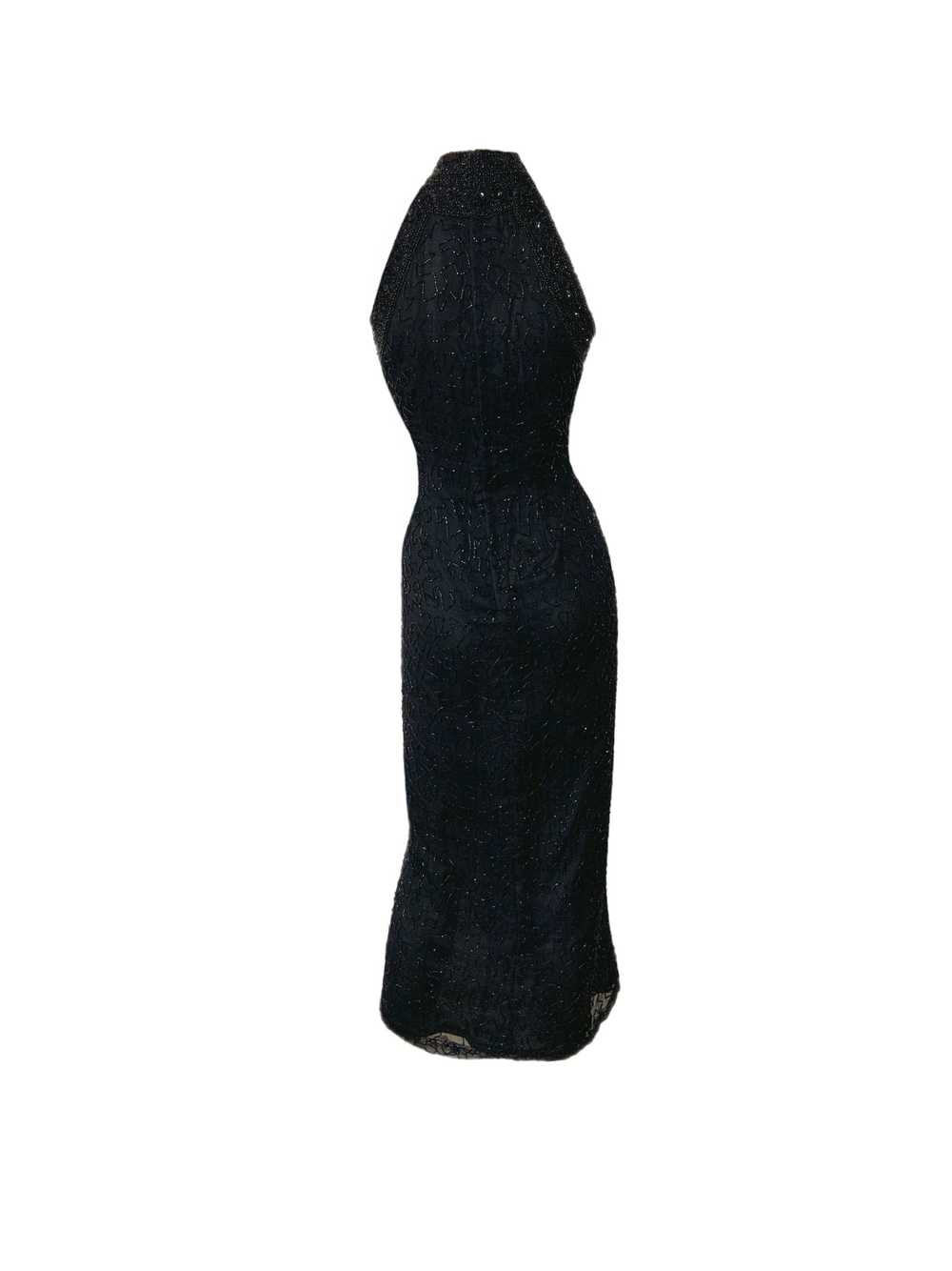 90’s Beaded Sequined Black Halter Silk Dress Even… - image 3