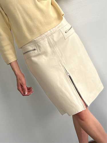 Vintage Cream Zip Leather Skirt - Cream