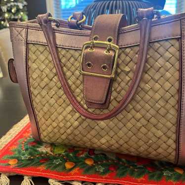 Coach straw and pink metallic leather detail bag