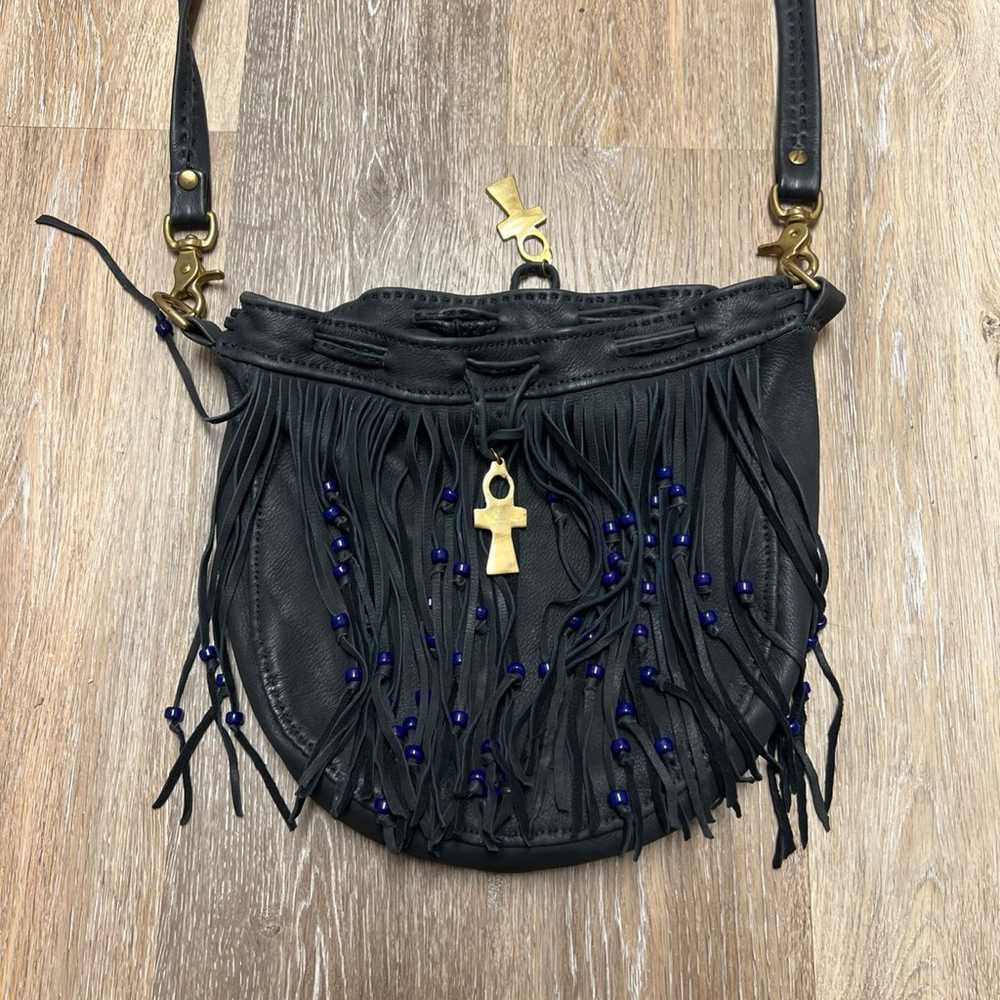 Rare Vintage Black Leather Boho Handbag Purse  fr… - image 5