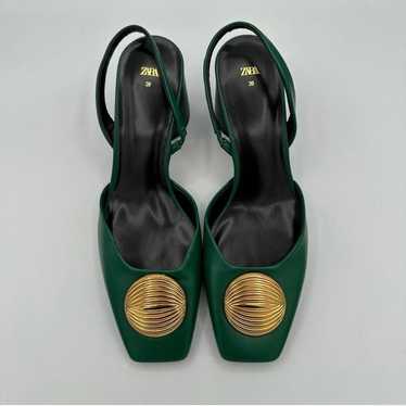 New Zara Green and Gold Block Heel Sling Back