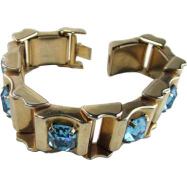 Gold Tone Link Bracelet With Faux Blue Topaz Enhan