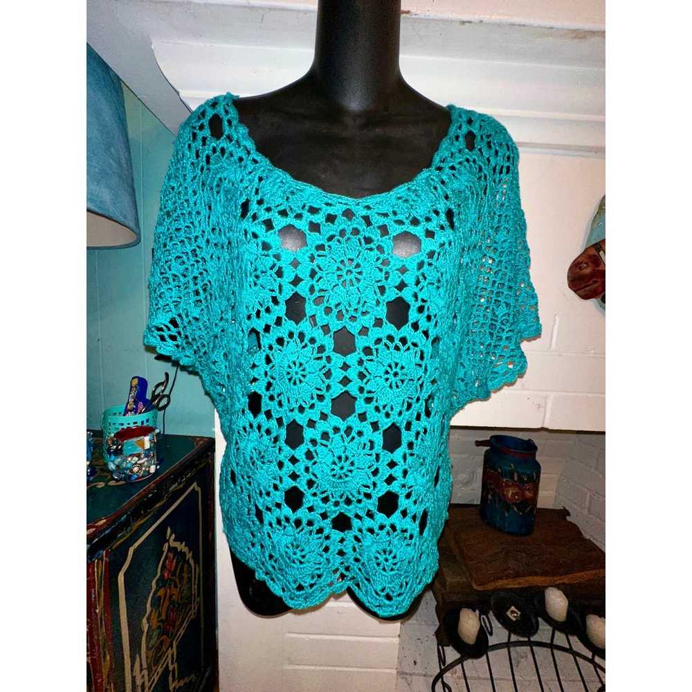 VINTAGE TURQUOISE TEAL CROCHET BOHO DOLMAN ANGEL … - image 1