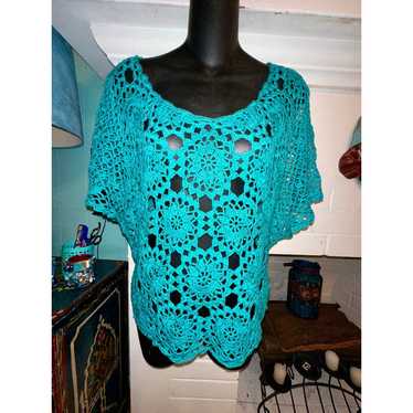 VINTAGE TURQUOISE TEAL CROCHET BOHO DOLMAN ANGEL … - image 1