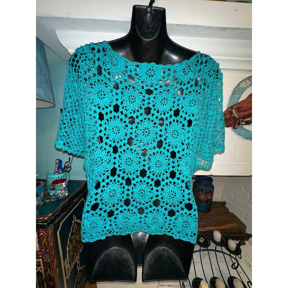 VINTAGE TURQUOISE TEAL CROCHET BOHO DOLMAN ANGEL … - image 2