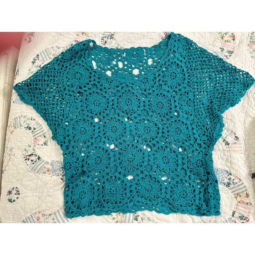 VINTAGE TURQUOISE TEAL CROCHET BOHO DOLMAN ANGEL … - image 3