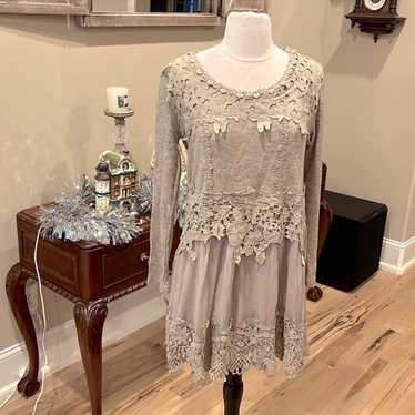 Feminine Lace Romantic Comfy Long Sleeve Tan Dress