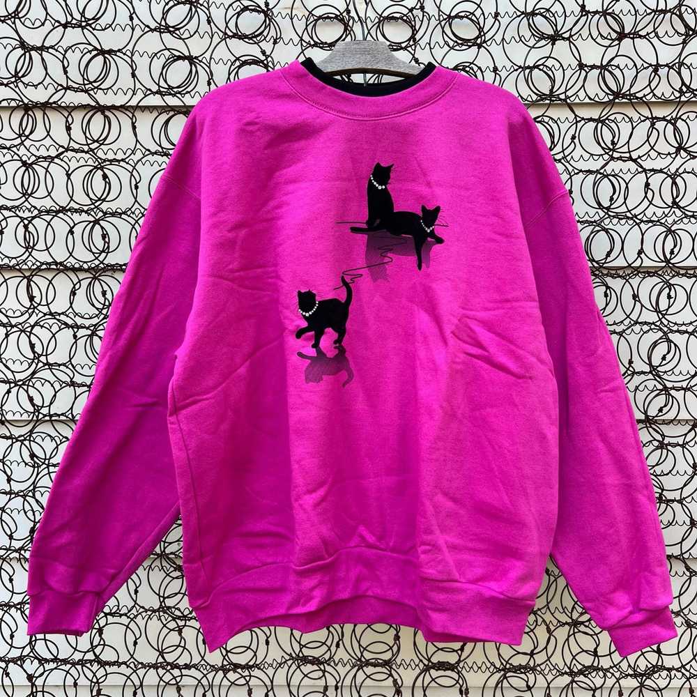 Vintage 90s Hot Pink Black Velvet Cats Rhinestone… - image 1