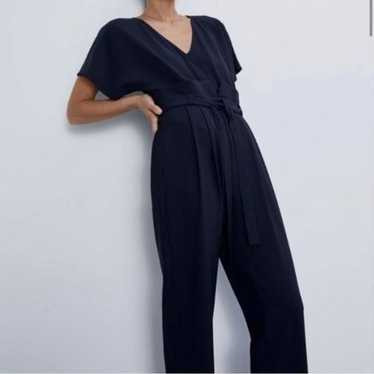 Zara Navy Blue Paperbag Belted V Neck Jumpsuit Med