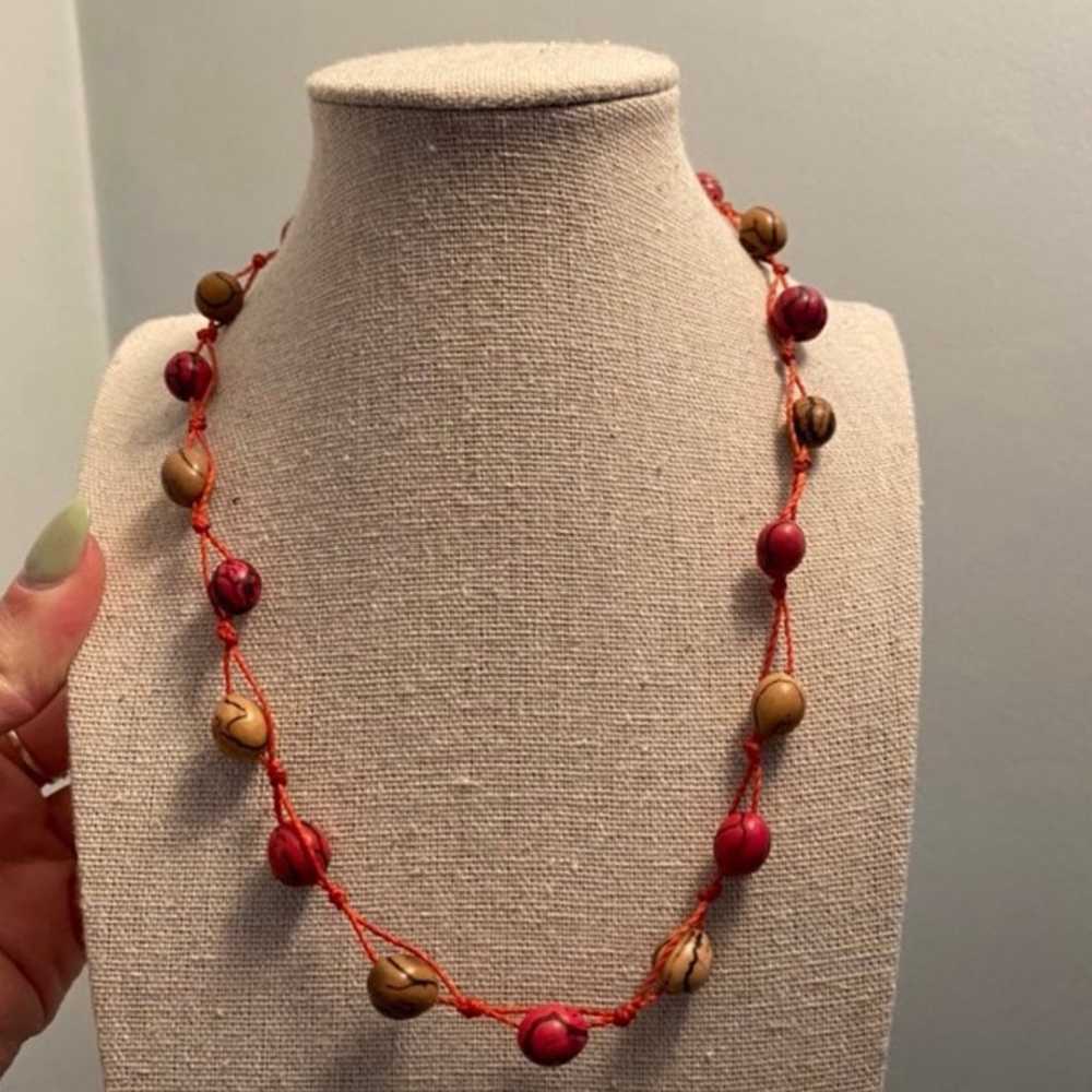 Vintage Wooden Bead + Fabric Necklace - image 1