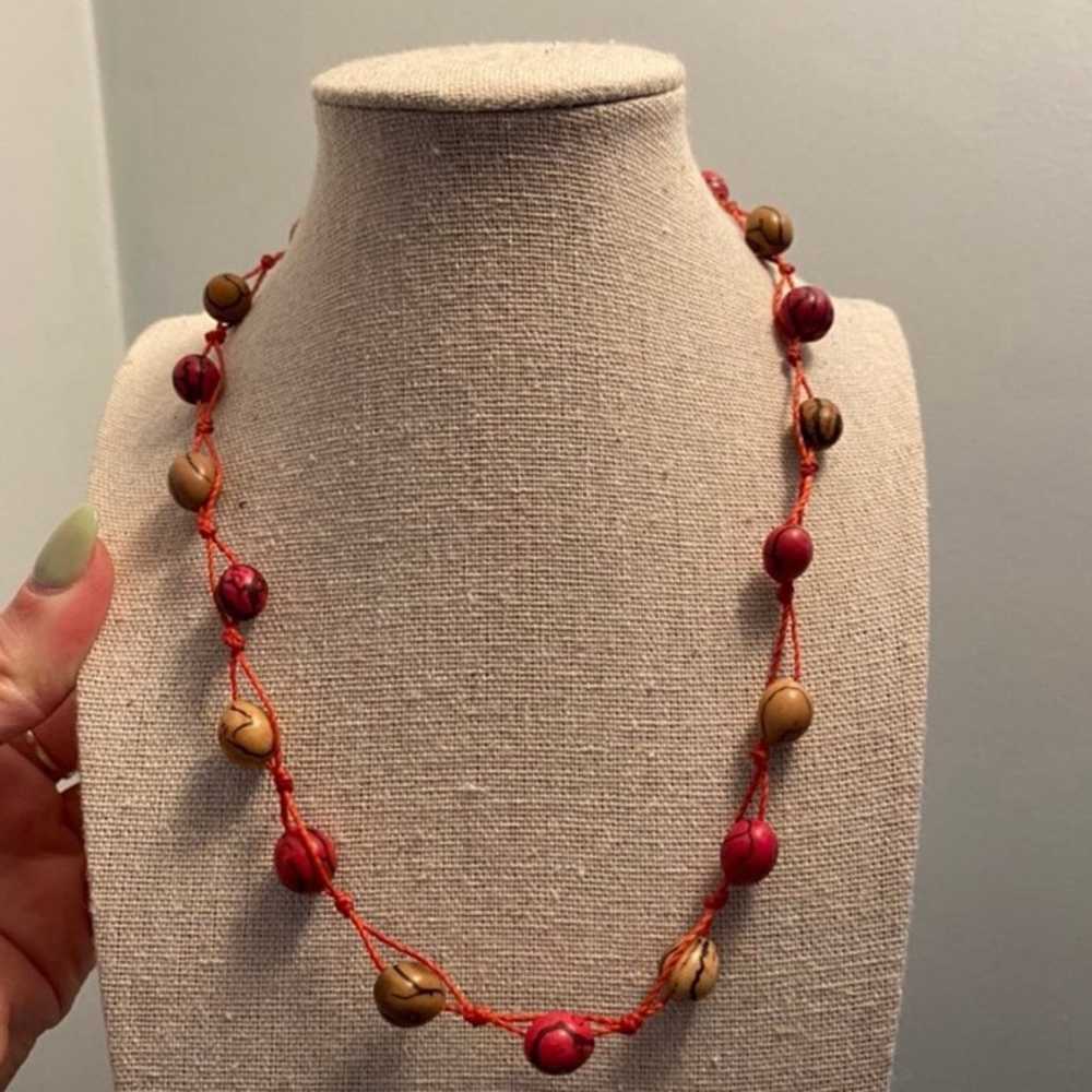 Vintage Wooden Bead + Fabric Necklace - image 2