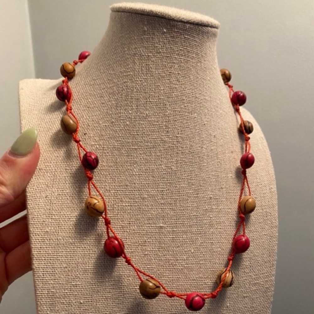 Vintage Wooden Bead + Fabric Necklace - image 3