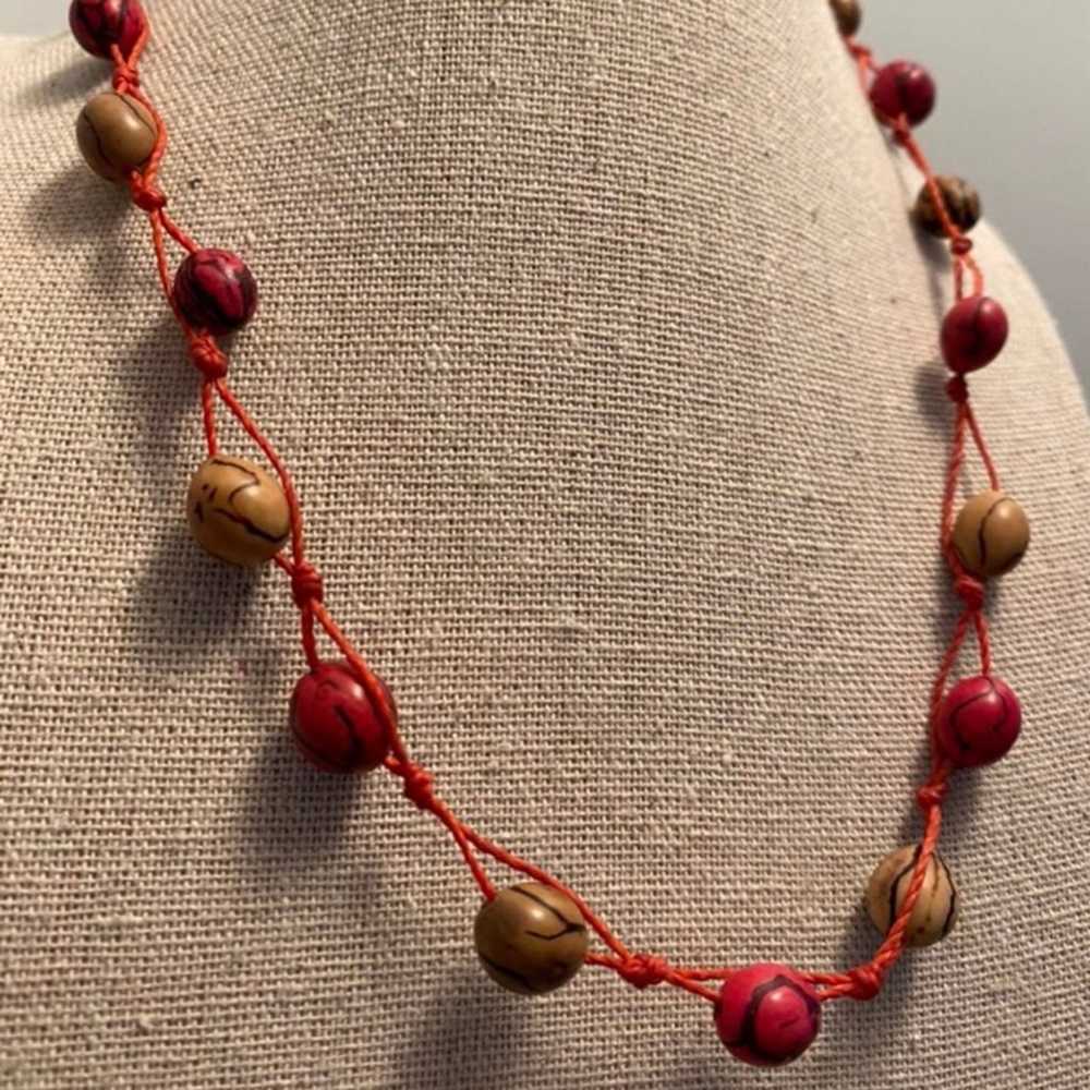 Vintage Wooden Bead + Fabric Necklace - image 6