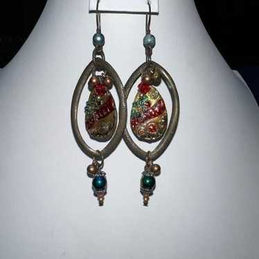 Vintage Gold Tone Beaded and Enameled Dangle Earr… - image 1