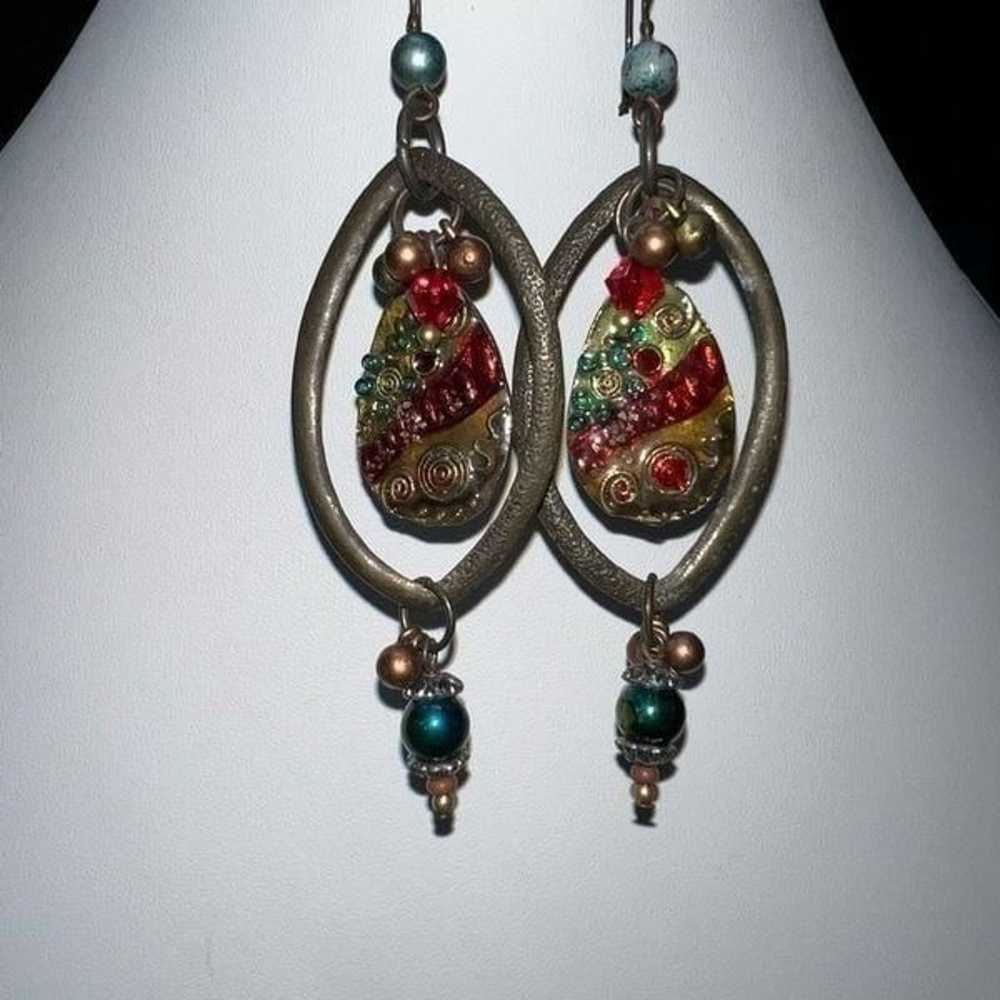 Vintage Gold Tone Beaded and Enameled Dangle Earr… - image 2