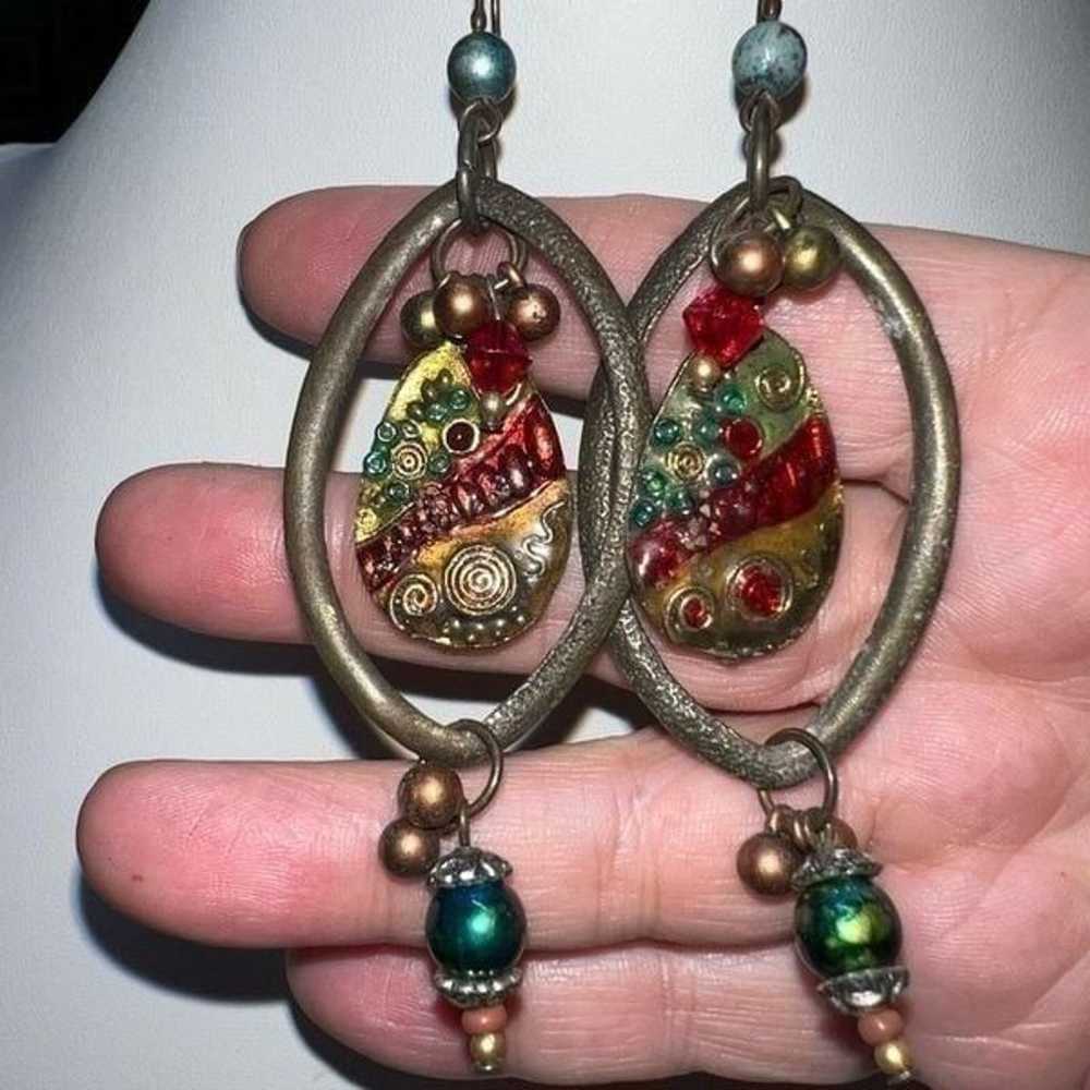 Vintage Gold Tone Beaded and Enameled Dangle Earr… - image 3