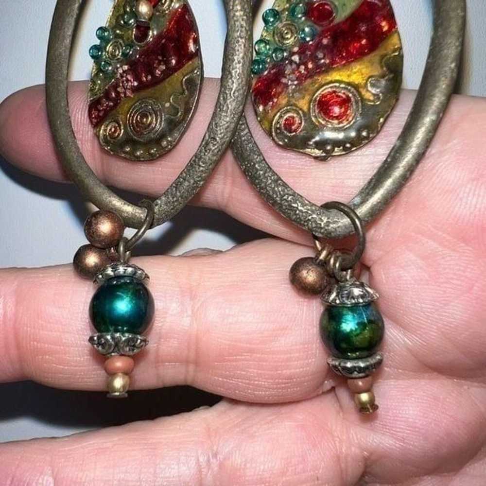 Vintage Gold Tone Beaded and Enameled Dangle Earr… - image 4