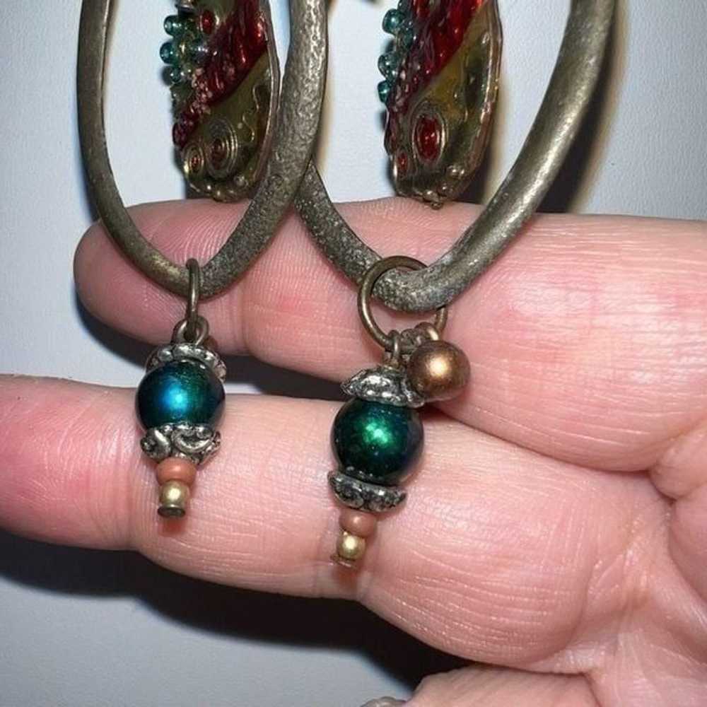 Vintage Gold Tone Beaded and Enameled Dangle Earr… - image 5