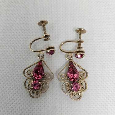 Vintage Earrings Gold Tone Pink Stone Screw Back … - image 1