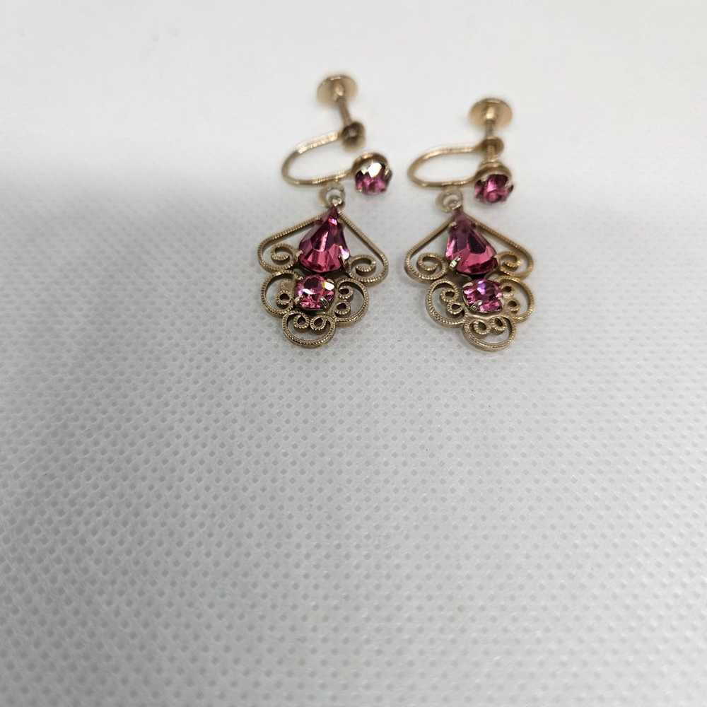 Vintage Earrings Gold Tone Pink Stone Screw Back … - image 2