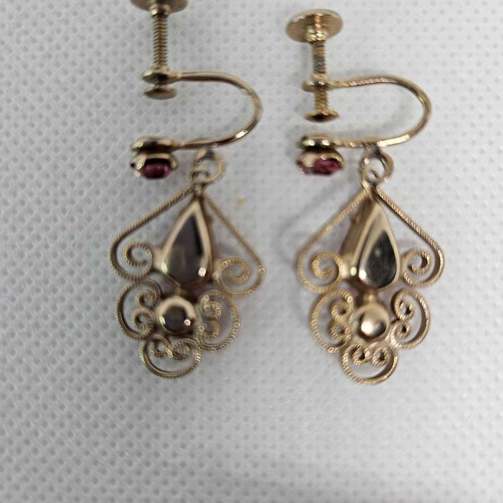 Vintage Earrings Gold Tone Pink Stone Screw Back … - image 3