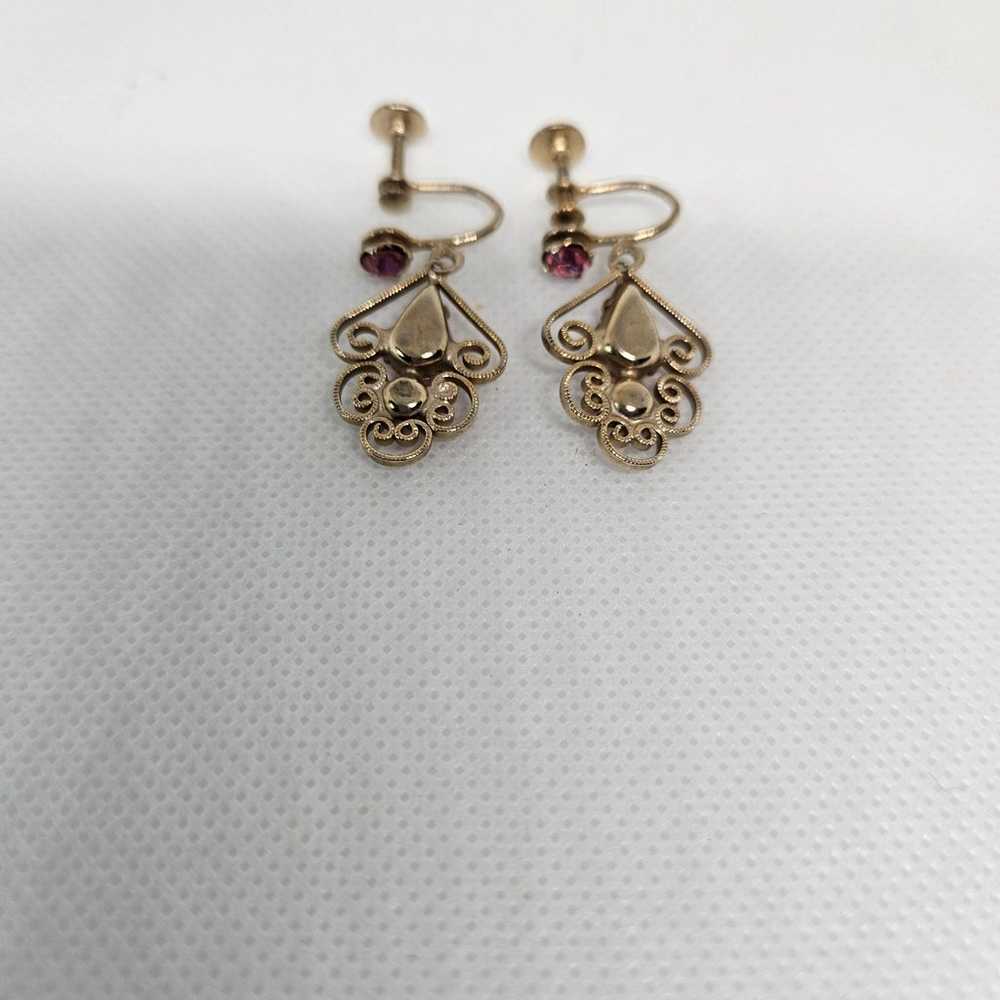 Vintage Earrings Gold Tone Pink Stone Screw Back … - image 4