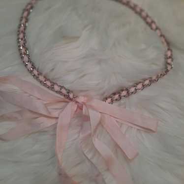 Vintage style chain belt - silver chain/ pink rib… - image 1