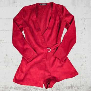 Zara Red Faux Suede Deep V Neck Long Sleeve Wrap … - image 1