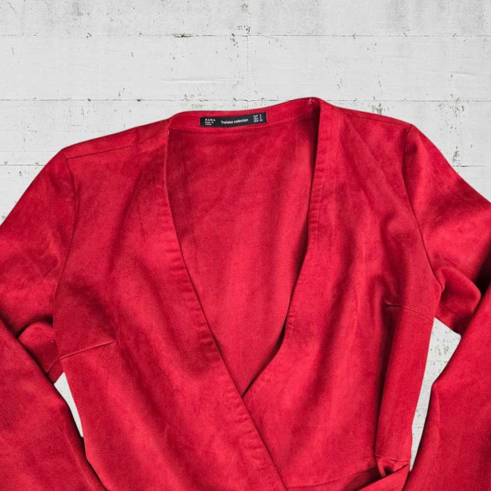 Zara Red Faux Suede Deep V Neck Long Sleeve Wrap … - image 2