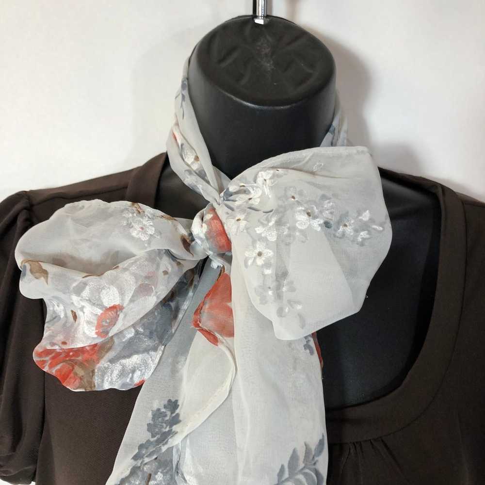 Long Floral Sheer White Scarf, Flower Print Gray … - image 2