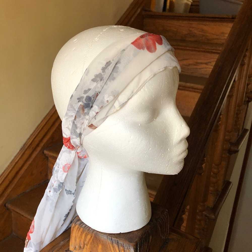 Long Floral Sheer White Scarf, Flower Print Gray … - image 3