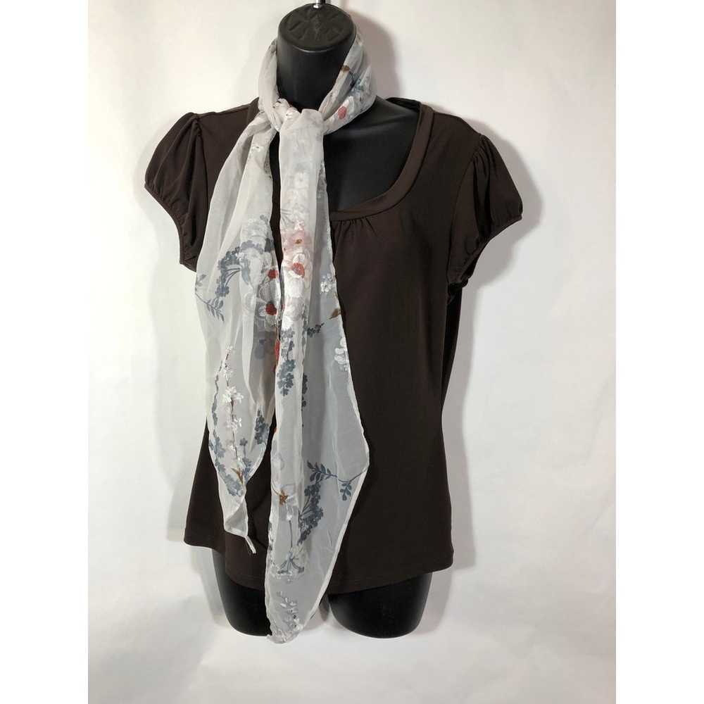 Long Floral Sheer White Scarf, Flower Print Gray … - image 4