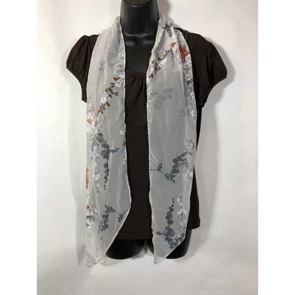 Long Floral Sheer White Scarf, Flower Print Gray … - image 6