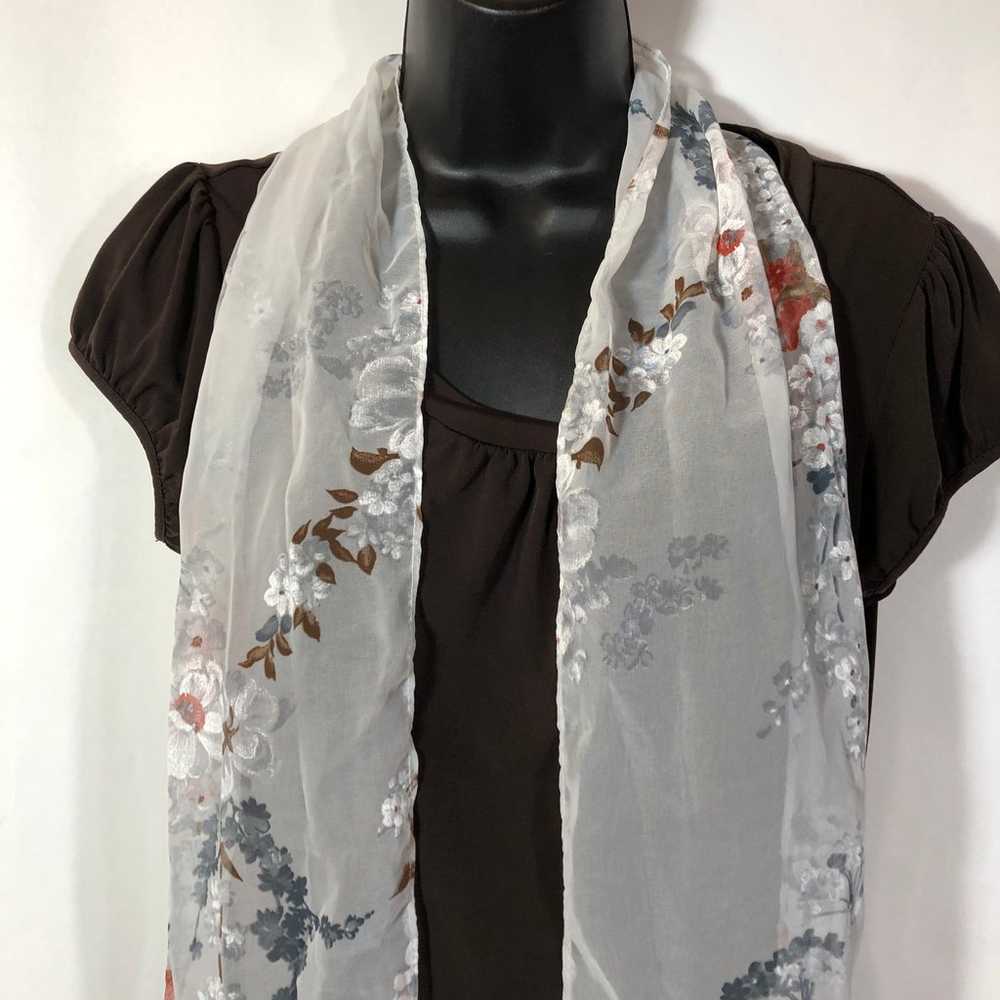 Long Floral Sheer White Scarf, Flower Print Gray … - image 7