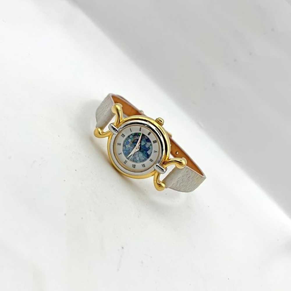 Vintage Fossil Watch Blue Mosaic Dial Pearl Leath… - image 1