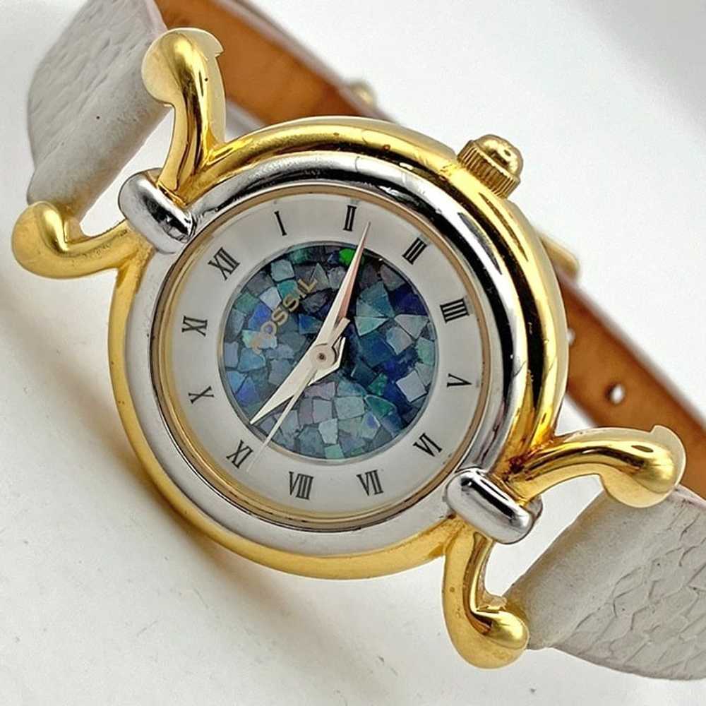 Vintage Fossil Watch Blue Mosaic Dial Pearl Leath… - image 2