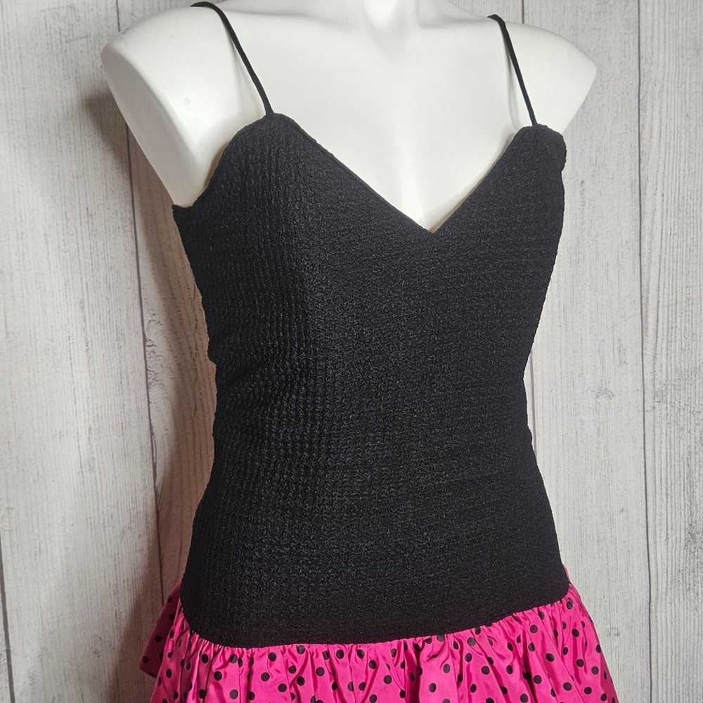 VTG 80s Nite Scarlett Rad Pink/Black Polka Dot Mi… - image 2