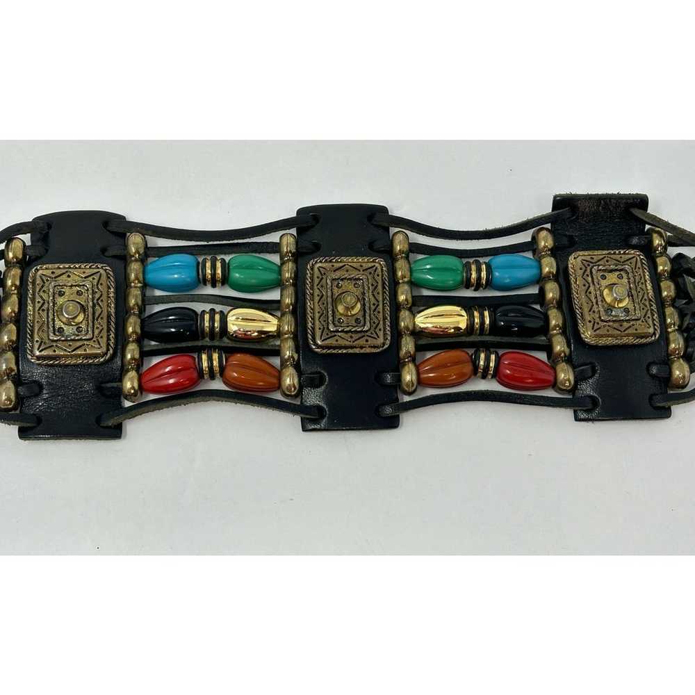 VTG Leather Belt Womens Black Bright Beads Whimsi… - image 2