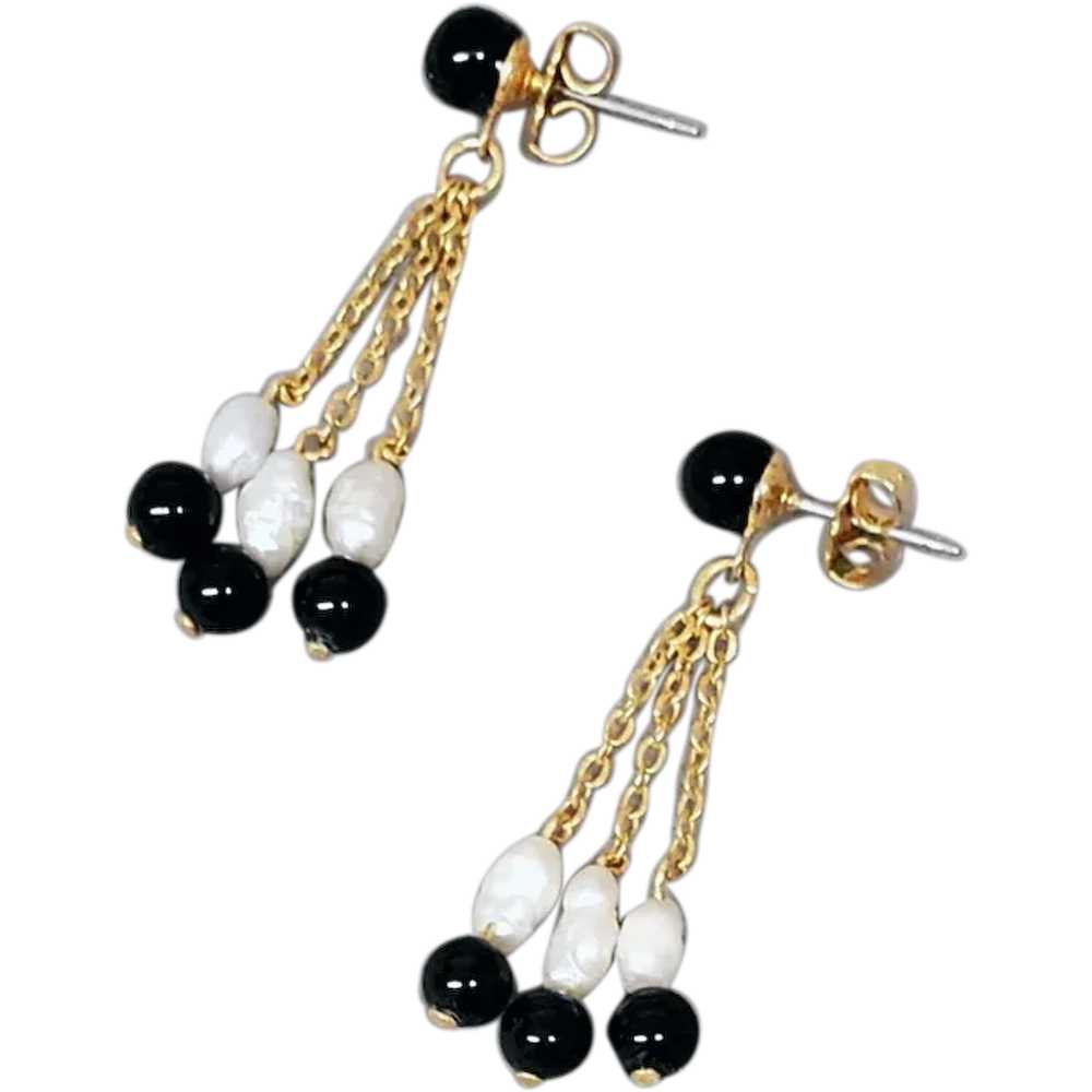 Freshwater White Rice Pearl and Black Glass Bead … - image 1